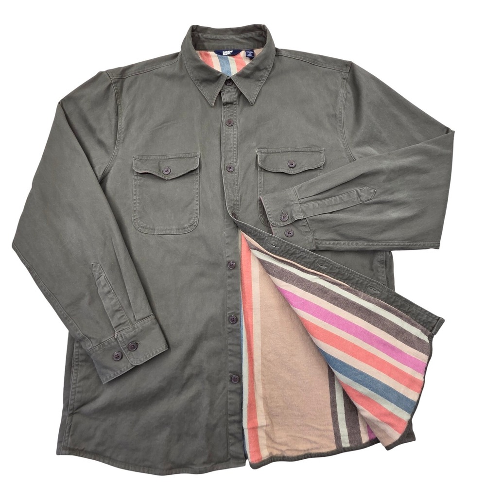 Lands End Mens Large Flannel Lined Twill Shirt Jacket Green Chore Coat